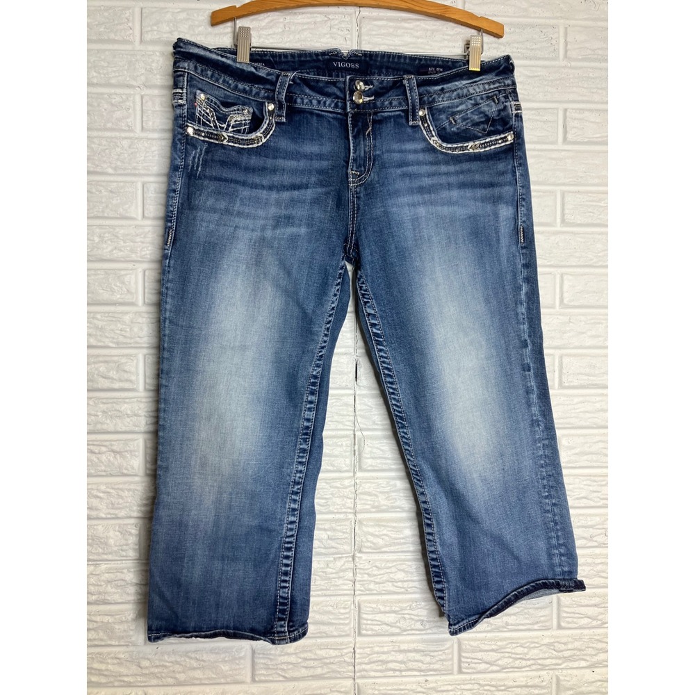 Vigoss The Chelsea Capri Women 15/16 Blue Excellent Rhinestone Embroidered Denim
